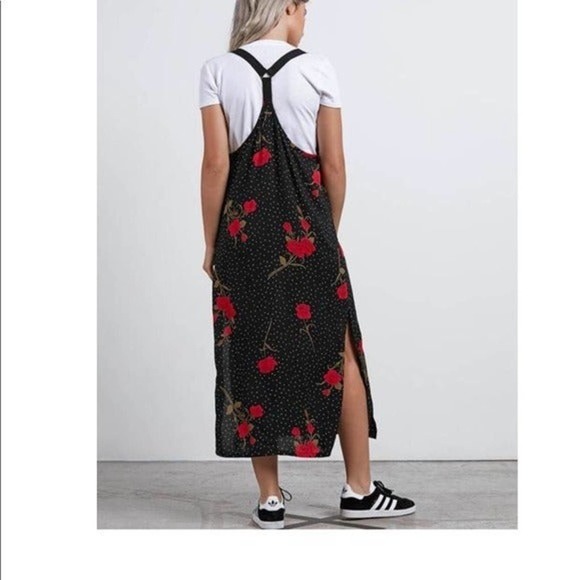new size L Large Volcom end of the Rose roses flower black polkadot dress - Picture 4 of 5